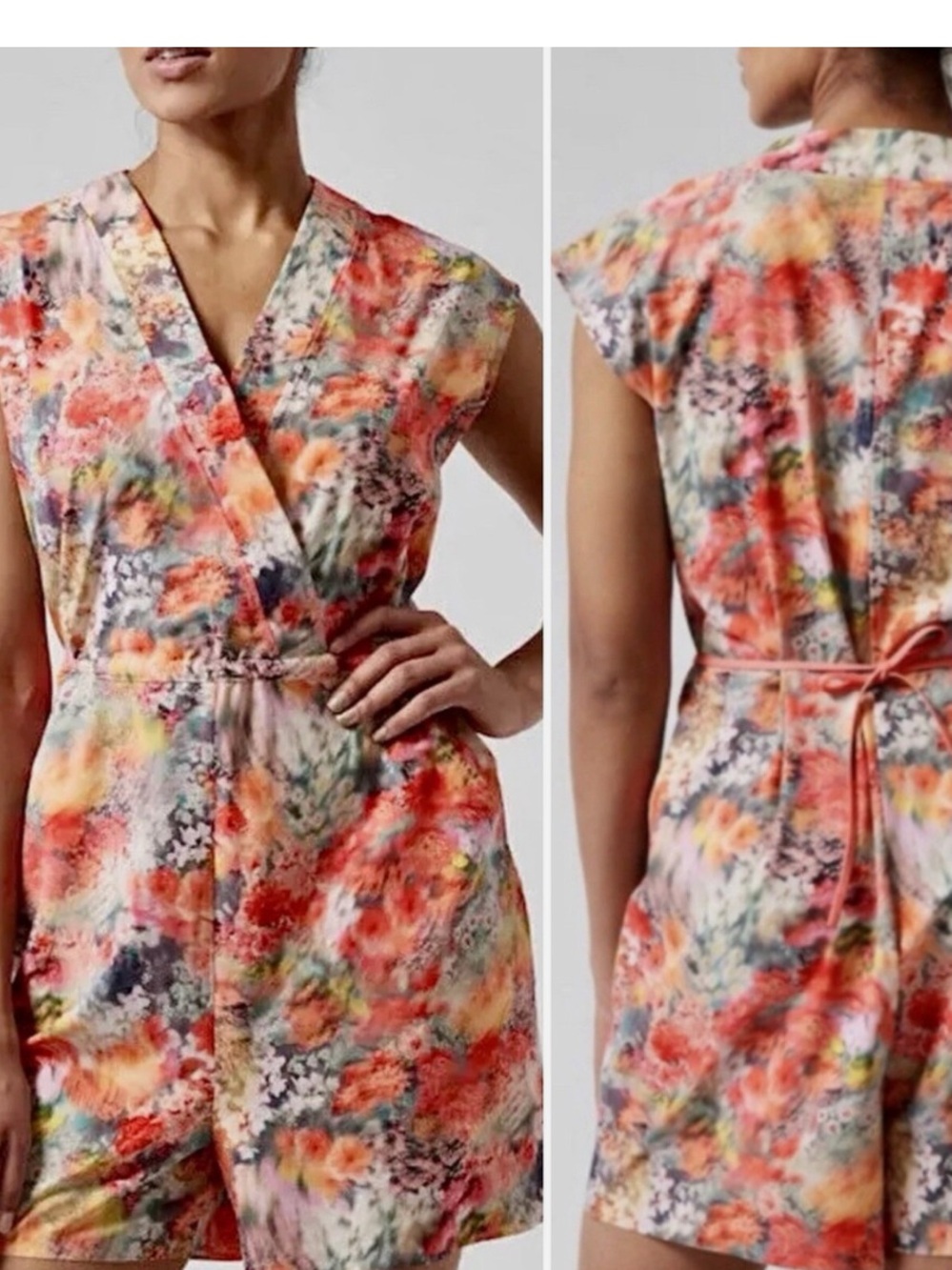 Athleta Marlow Romper watercolor floral color pattern Renewed Bloom Pink L
